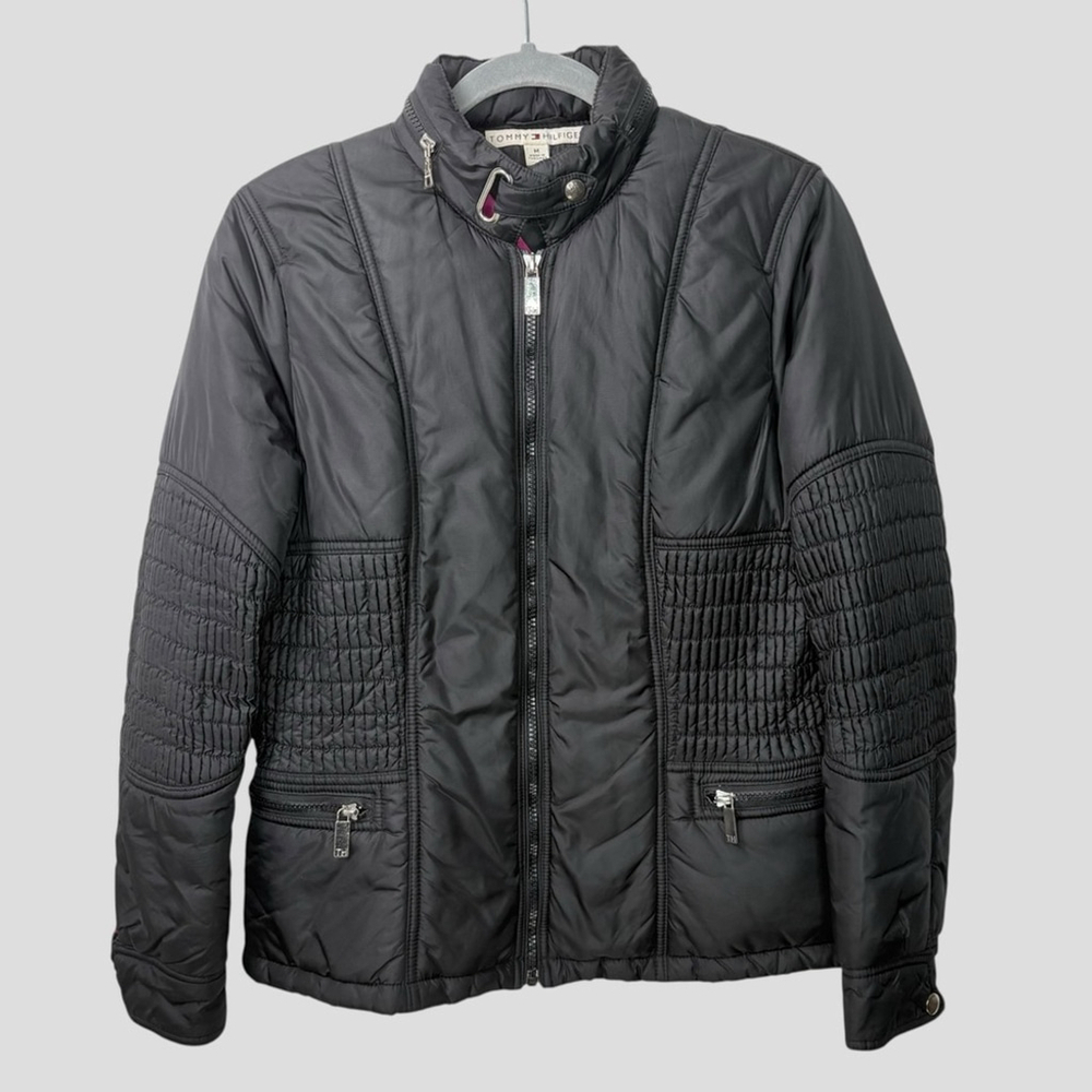 Tommy Hilfiger Black Nylon Puffer Jacket Women's M Zip Front Y2K Modular Basic
